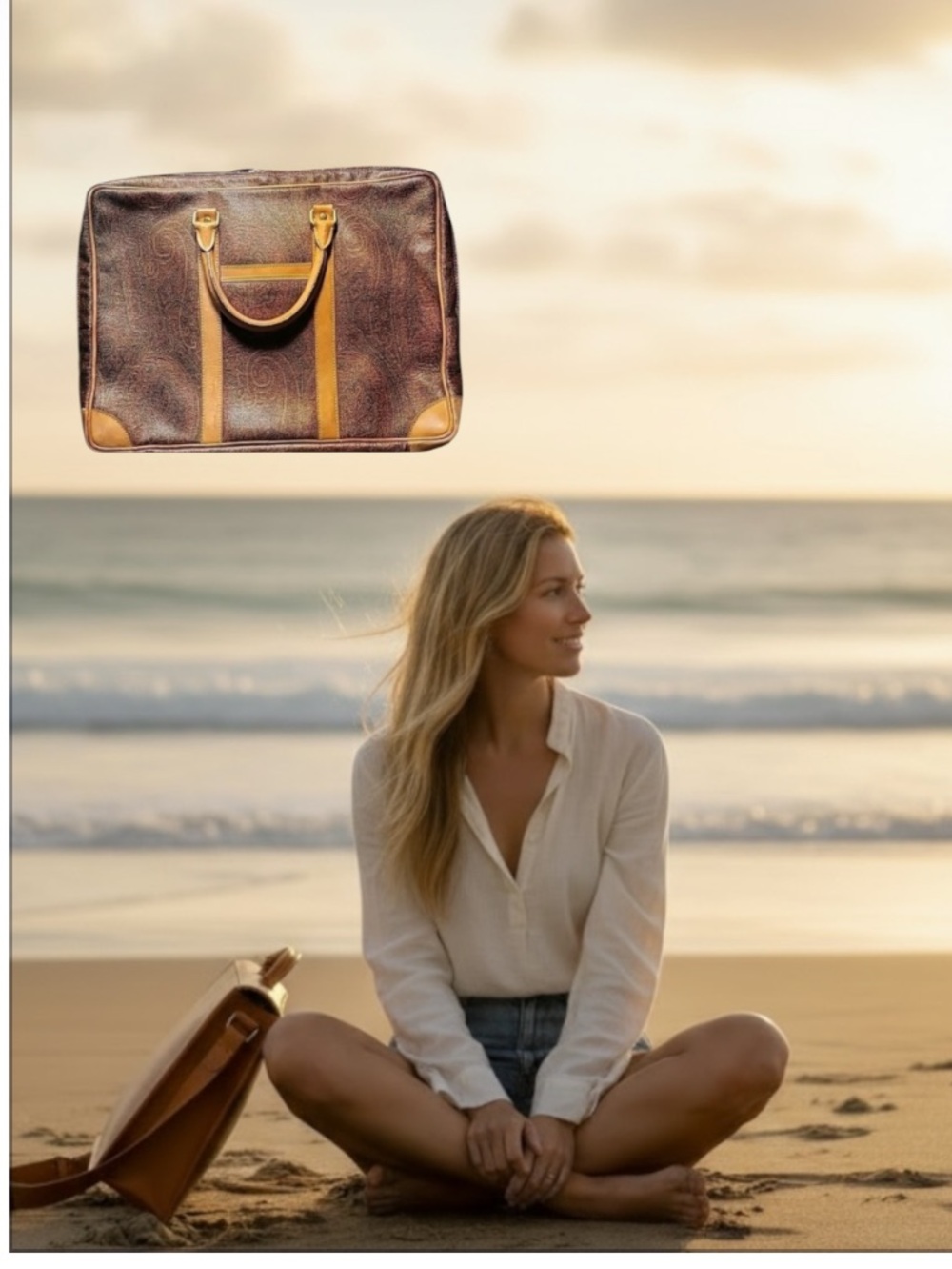 Etro Brown and Cream Leather Satchel Business Tote